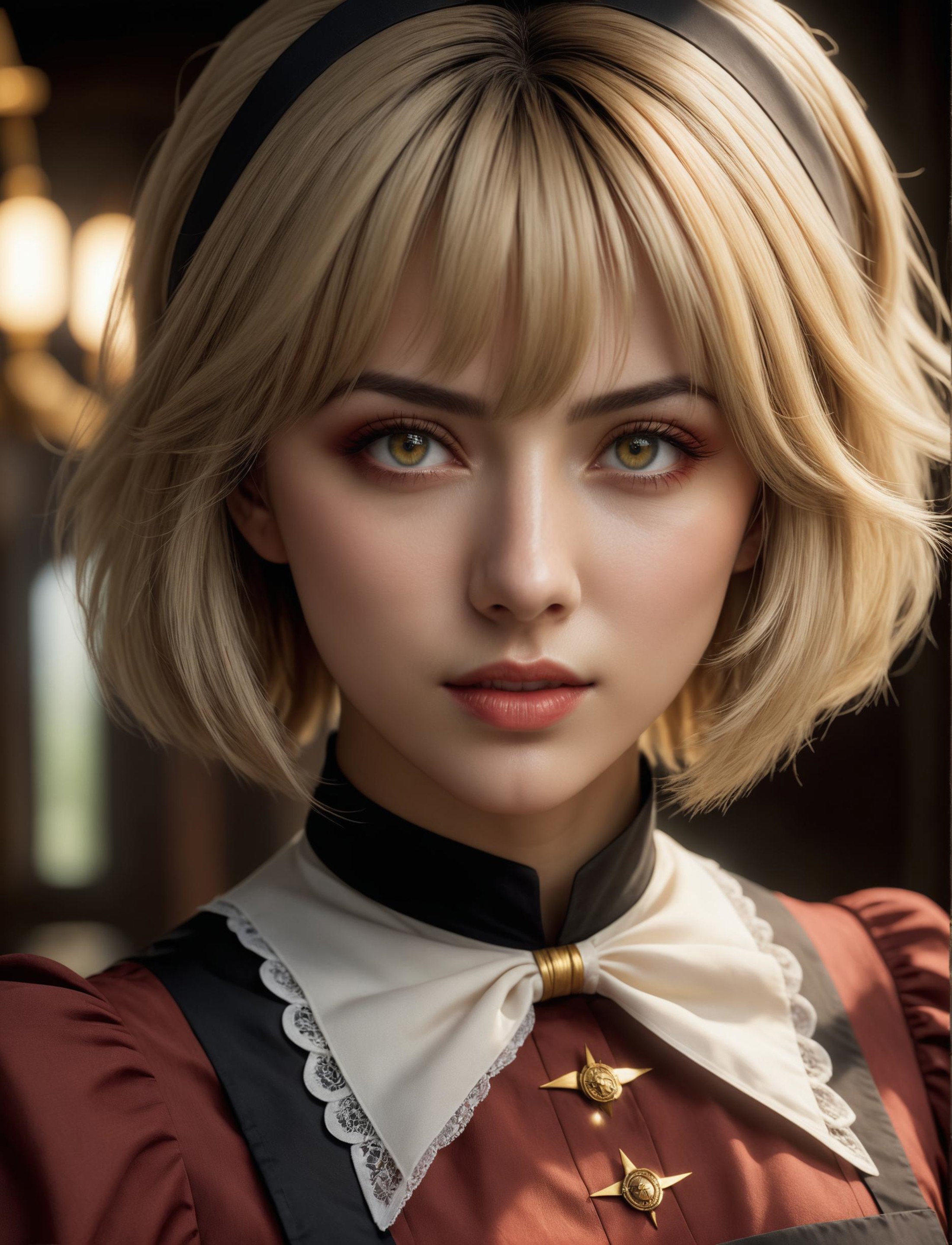 a woman, detailed, Seras Victoria costume, (beautiful maid outfit),  hellsing, short hair, (((face portrait:1.3))), Photor...